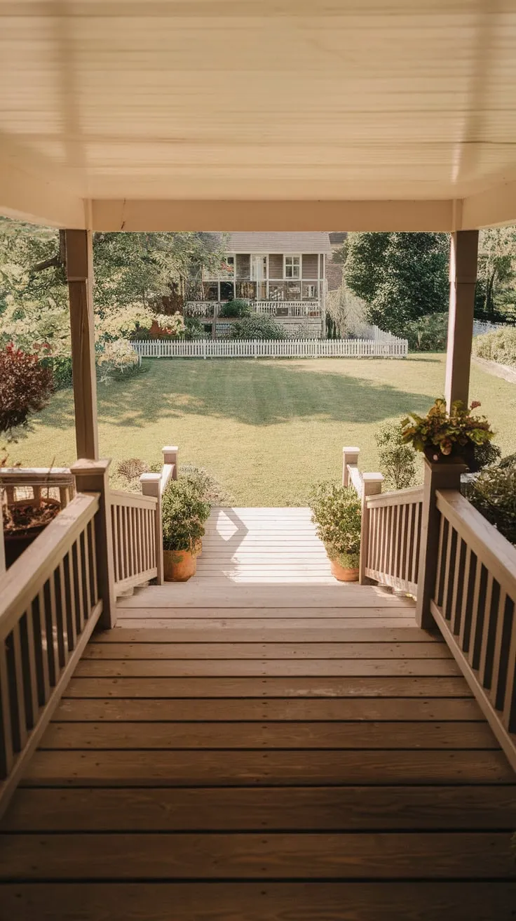 Charming Wide Porch Steps Leading to a Lush Lawn