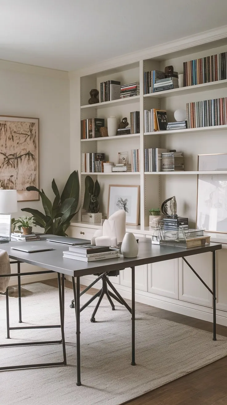 Dreamy home office space for women! This small office design features an L-shaped desk, ideal for a dual desk setup or a personalized office space for women.  The l-shaped desk organization is both stylish and functional, offering plenty of home office ideas.  The addition of a bookshelf and artwork completes this inspiring small office with desk, showcasing the power of home office organization in even the smallest spaces.