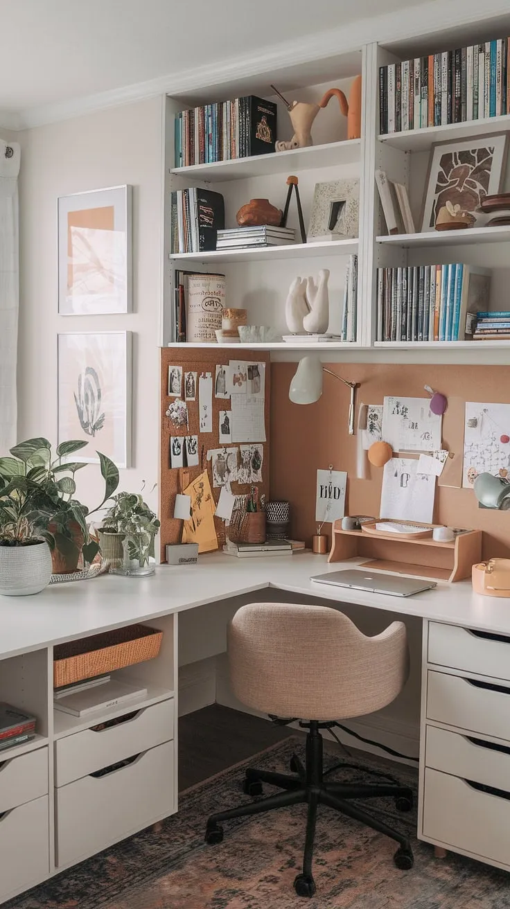 Dreamy home office ideas for women come to life in this small office design!  The L-shaped desk offers a brilliant his and her office layout solution, with dedicated sections for creative pursuits and focused work.  This small office with desk is a masterclass in l-shaped desk organization, proving that efficient office space for women doesn't have to compromise on style.  The result?  A perfectly organized and inspiring women's home office.