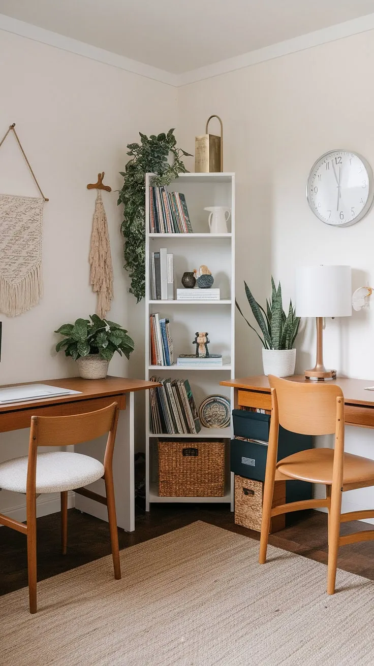 This small office design perfectly balances style and functionality. The dual desk setup, ideal for a his and her office layout or simply maximizing space, features an L-shaped desk organization that's perfect for a women's home office.  Clever home office ideas like the integrated bookshelf maximize storage in this small office with desk.  The result? A beautifully organized and inspiring office space for women.
