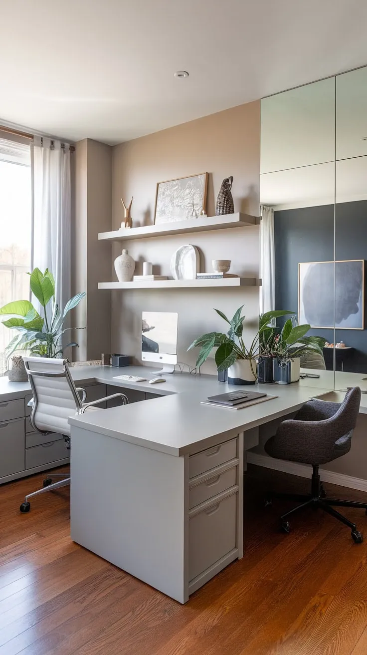 This small office design perfectly balances style and functionality. The dual desk setup, ideal for a his and her office layout or simply maximizing space, features an L-shaped desk organization that's perfect for a women's home office.  The light and airy feel, complemented by the mirror and plant, makes this small office with desk a truly inspiring office space for women, showcasing clever home office ideas and home office organization.