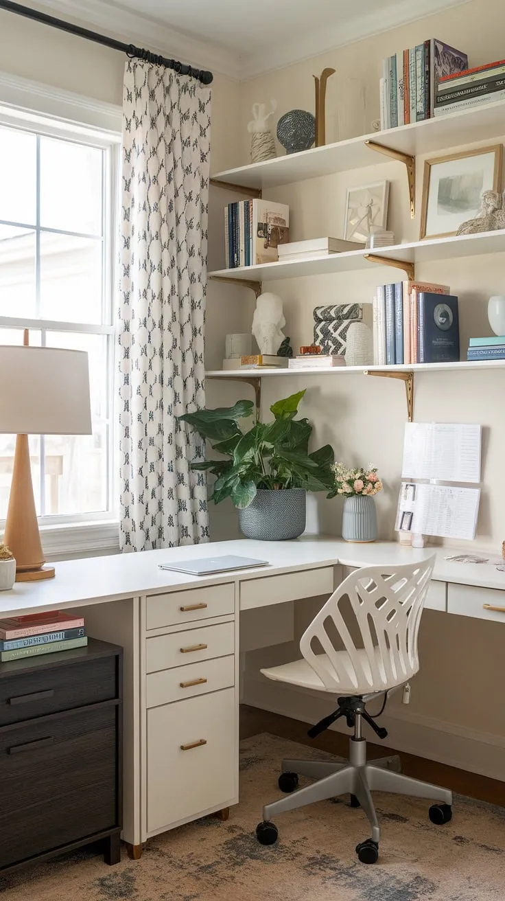 This small office design perfectly balances style and functionality, creating the ideal office space for women. The L-shaped desk organization maximizes space in this women's home office, offering a dual desk setup perfect for multitasking or a his and her office layout.  Clever home office organization and home office ideas are on full display, proving that a small office with a desk can be both beautiful and efficient.