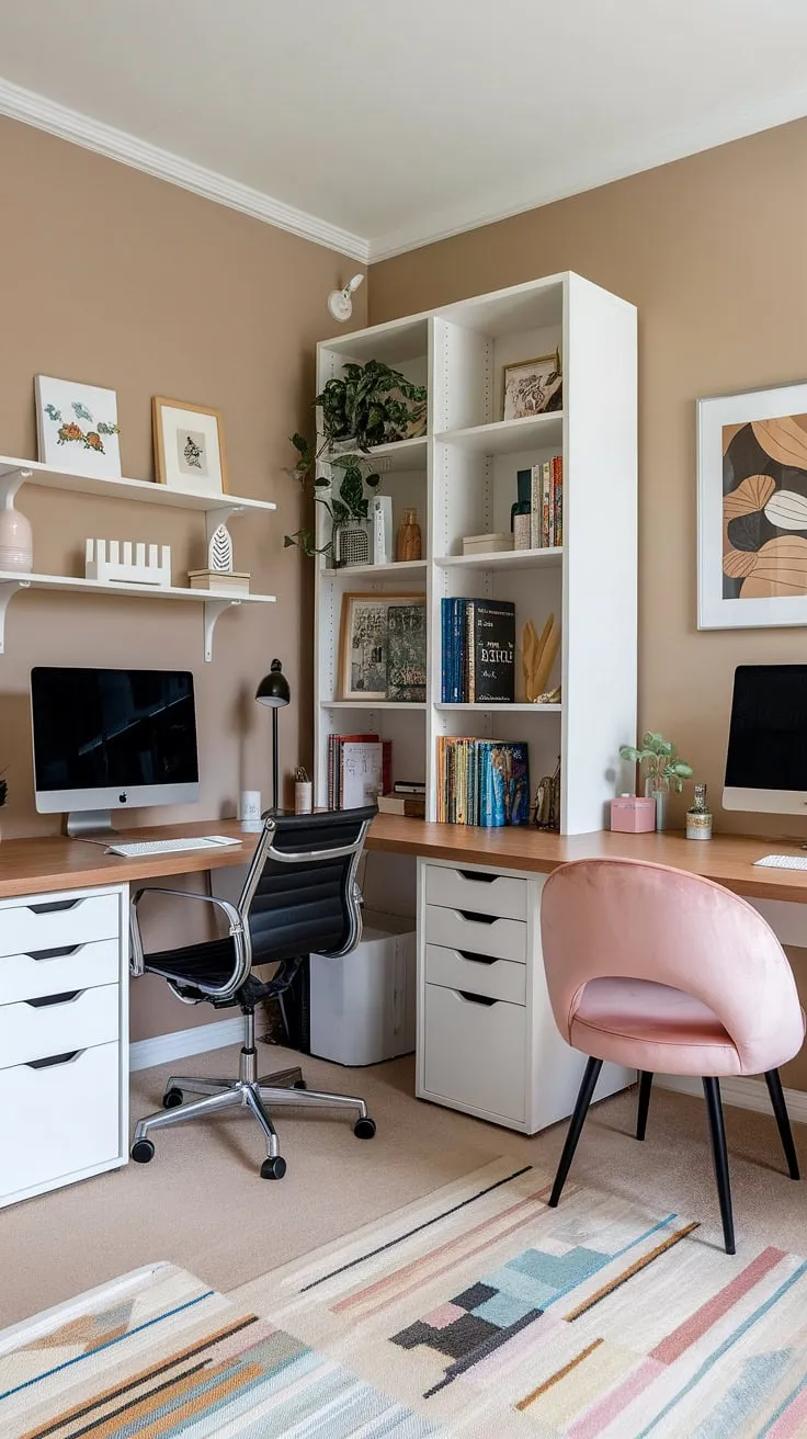 Home office ideas for the modern woman: this small office design features a practical dual desk setup, combining an L-shaped desk for optimal organization with a sleek white desk.  The pink velvet chair adds a touch of personality to this office space for women, proving that even a small office with desk can be both stylish and functional.  Mastering home office organization in this charming women's home office.