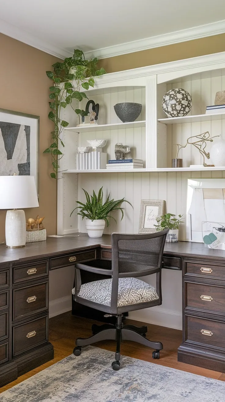 This dual desk setup perfectly balances style and functionality in this women's home office.  The L-shaped desk maximizes space, offering ample room for organization and a comfortable workspace, showcasing smart small office design and home office ideas.  The addition of personal touches creates a welcoming office space for women, a true example of home office organization and small office with desk solutions.  This his and her office layout could easily be adapted for any small space.