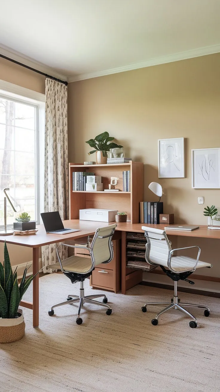 Maximize your productivity with this small office with desk featuring a clever dual desk setup.  This women's home office boasts an efficient L-shaped desk organization, proving that even small office design can be both stylish and functional.  Home office organization is key, and this space nails it, offering home office ideas for anyone seeking a dedicated and inspiring workspace.
