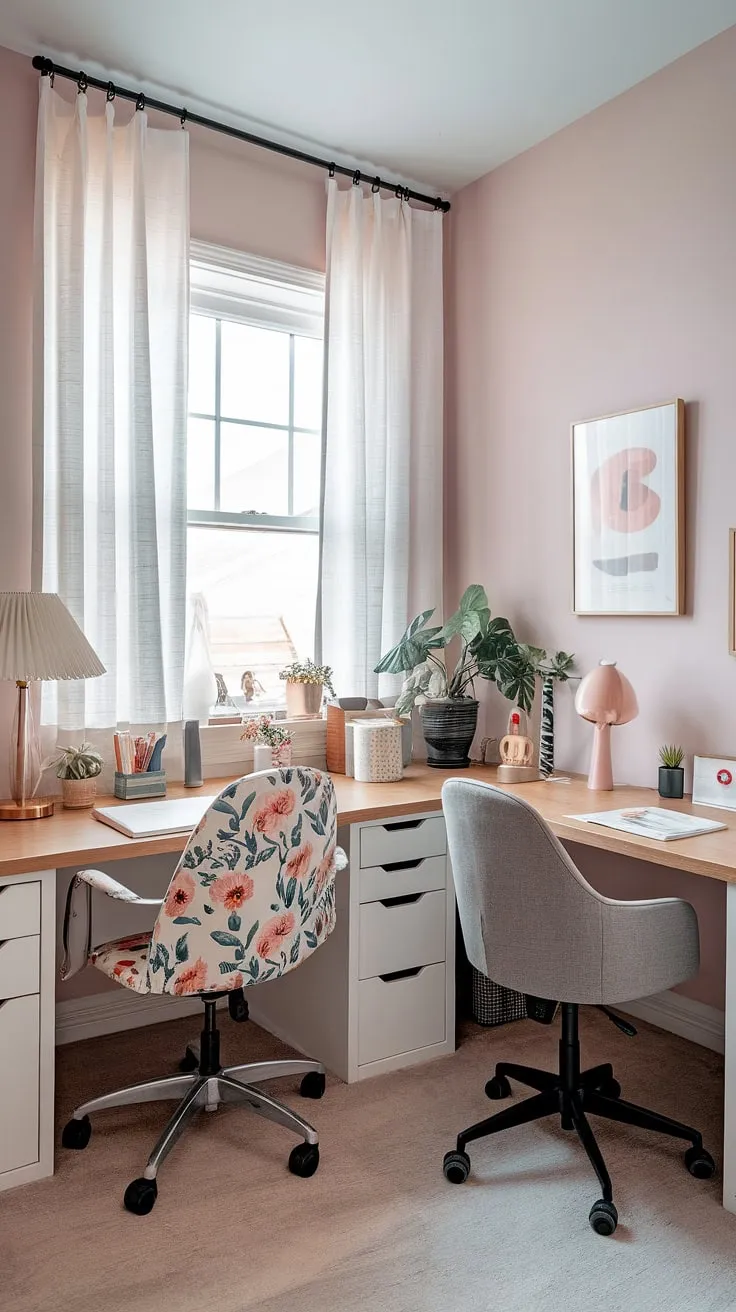 Maximize your home office organization with this inspiring small office design.  An L-shaped desk creates a functional dual desk setup, ideal for a his and her office layout or a shared workspace. This women's home office demonstrates smart home office ideas, showcasing how to create a stylish and efficient office space for women even in a small room.  The thoughtful l-shaped desk organization and small office with desk setup prove that productivity and style can coexist beautifully.