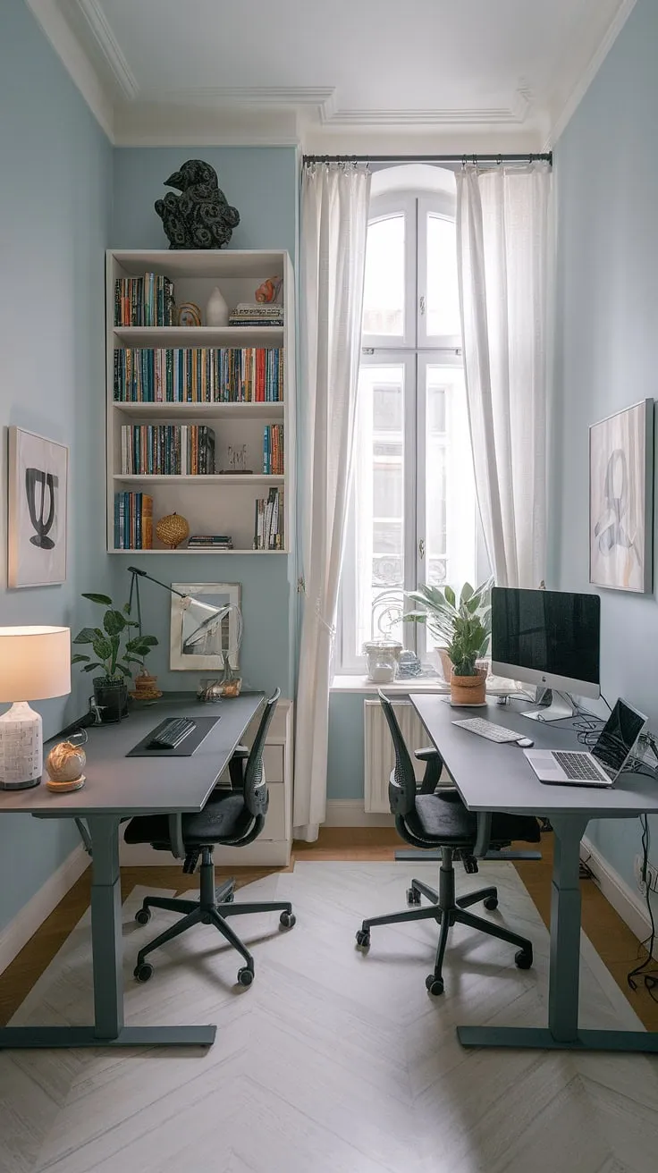 This serene women's home office boasts a clever dual desk setup, perfect for a his and her office layout or simply maximizing space.  The small office design utilizes an L-shaped desk organization to create efficient home office ideas within this small office with desk.  Light blue walls and a large window make it a bright and inspiring workspace.  Home office organization is key, and the built-in bookshelf adds both style and storage.