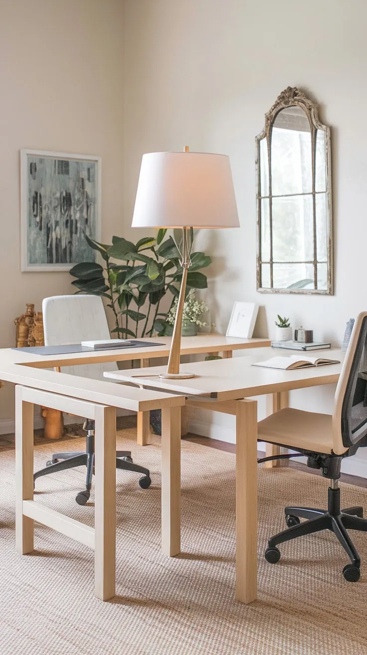 Dreamy home office ideas for women come to life in this small office design.  The dual desk setup, featuring an L-shaped desk, offers ample workspace without overwhelming the room.  This office space for women is a masterclass in home office organization and l-shaped desk organization, proving that functionality and style can coexist beautifully.