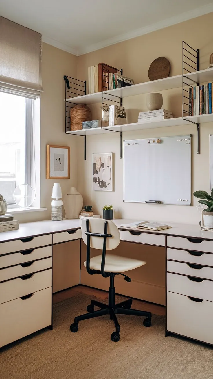 This stylish women's home office boasts a clever small office design, perfect for two.  The dual desk setup with an L-shaped desk maximizes space, offering ample storage and organization solutions for a his and her office layout.  Home office ideas like this wall-mounted shelving and whiteboard enhance productivity.  L-shaped desk organization is key in this small office with desk, proving that even a small space can be a highly functional and aesthetically pleasing office space for women.