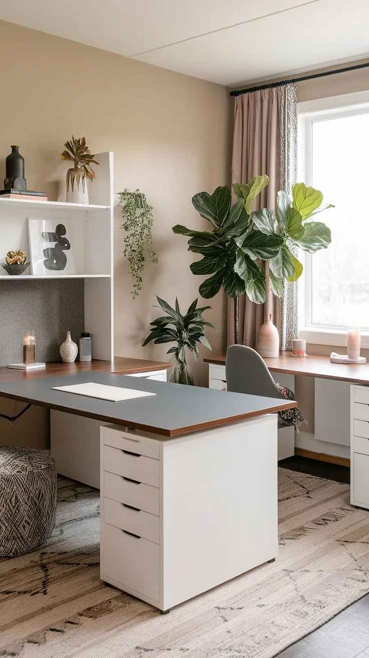 This dual desk setup perfectly balances style and functionality in this women's home office. The L-shaped desk maximizes space, showcasing clever small office design and home office organization.  It's the ideal office space for women who need a dedicated workspace, offering a blend of his and her office layout solutions within a small office with desk.  The thoughtful home office ideas create a calming and productive atmosphere.