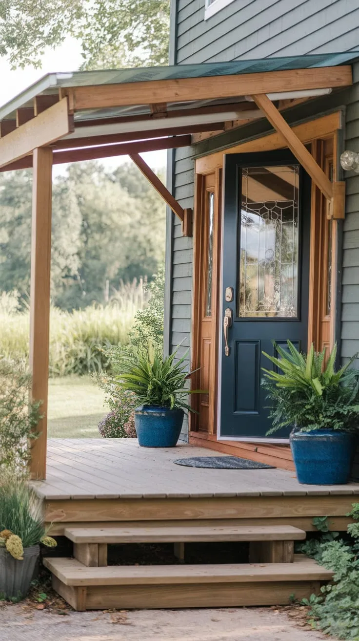 Charming Wood Porch with Blue Door and Lush Surroundings