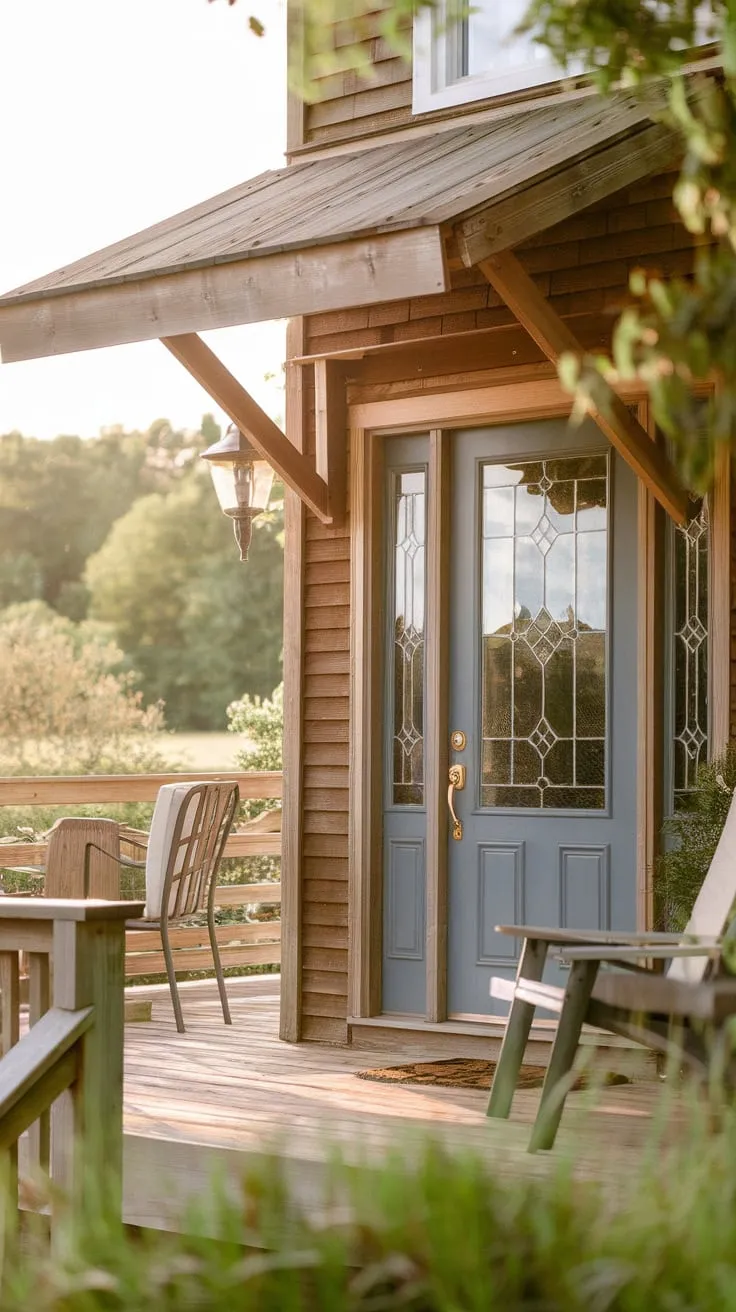 Charming Wood Porch with Blue Door and Lush Views
