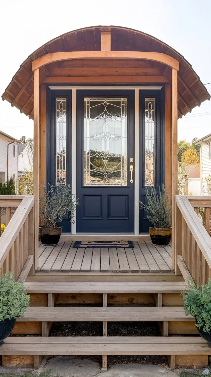 Charming Wooden Porch with Blue Door and Potted Plants