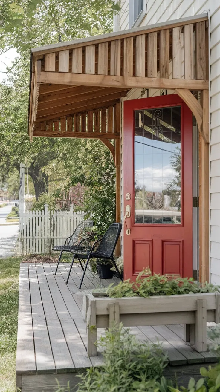 Charming Wooden Porch with Red Door and Greenery