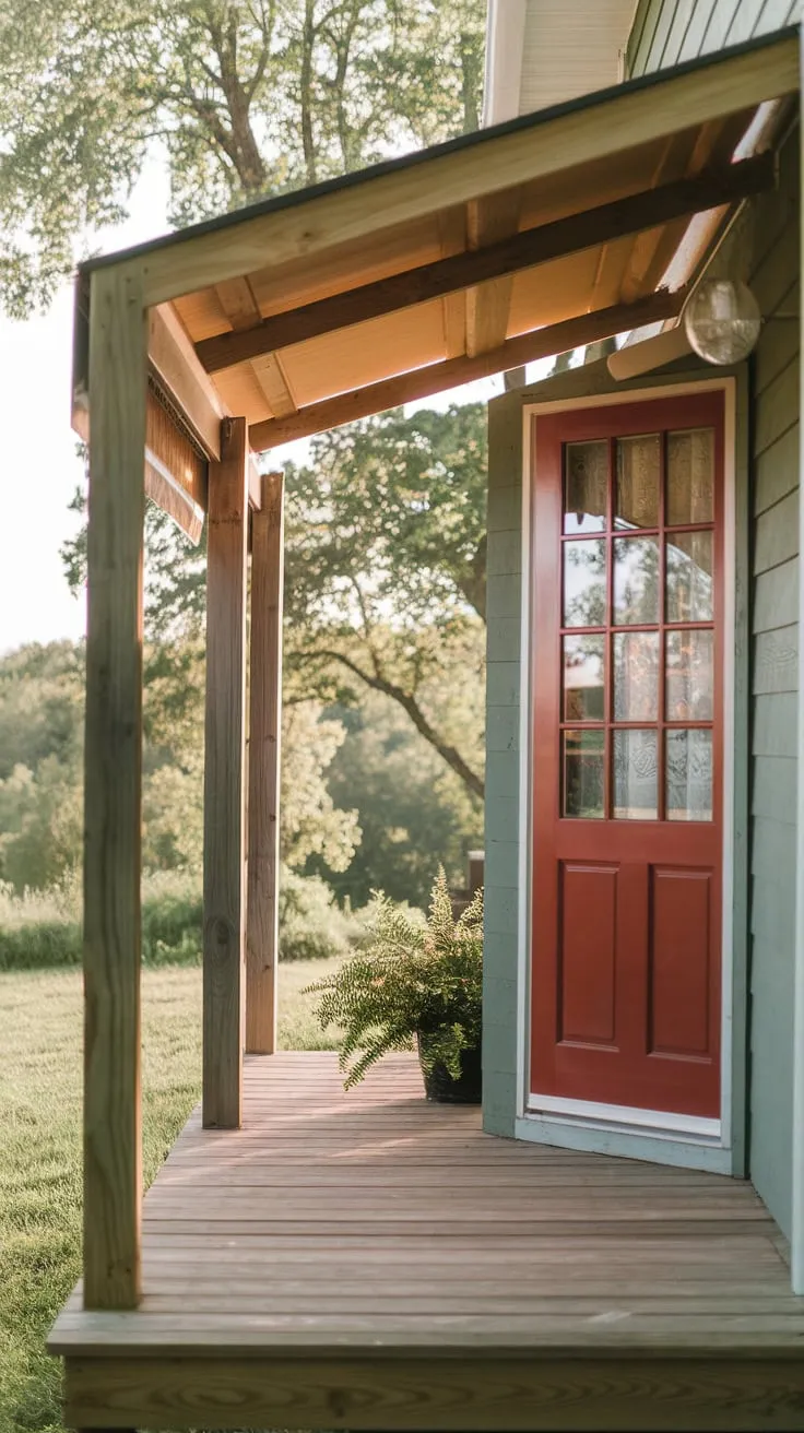 Charming Wooden Porch with Red Door and Lush Greenery