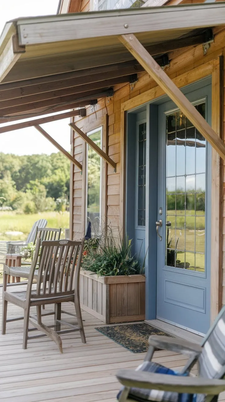 Charming Wooden Porch with Blue Door and Lush Views