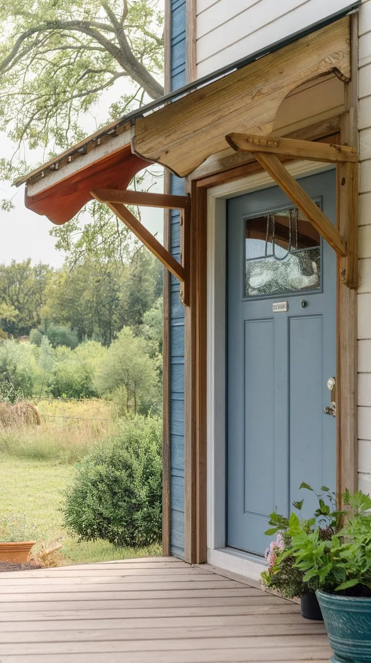 Charming Wooden Porch with Blue Door and Lush Greenery