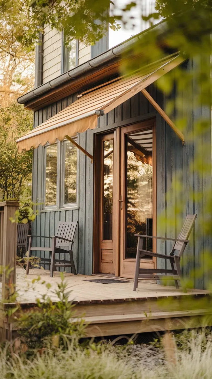 Charming Wood Porch with Awning and Greenery
