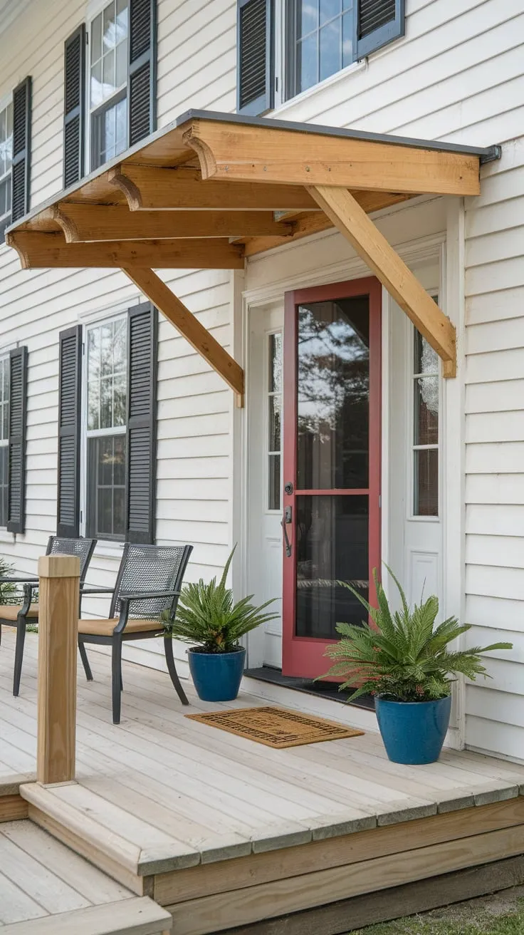 Charming Wooden Porch with Red Door and Awning