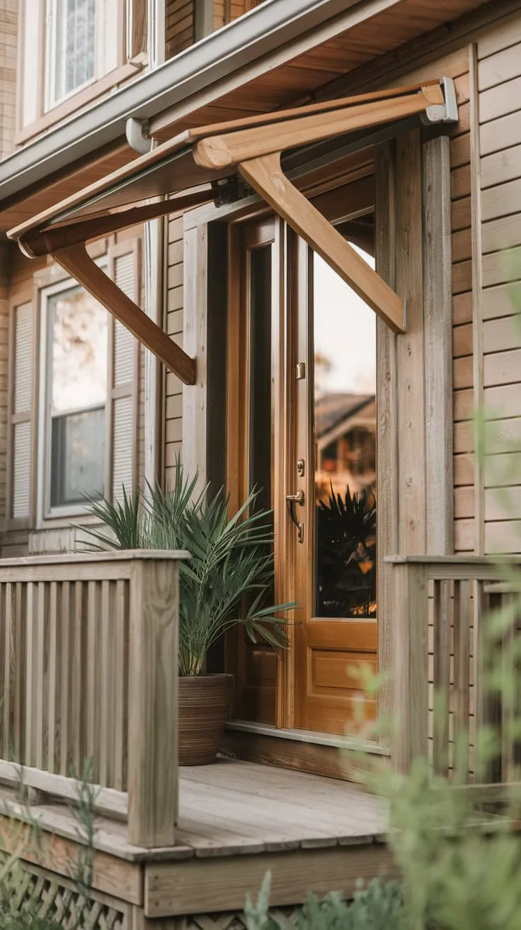 Inviting Wooden Porch with Shaded Entry and Lush Plants