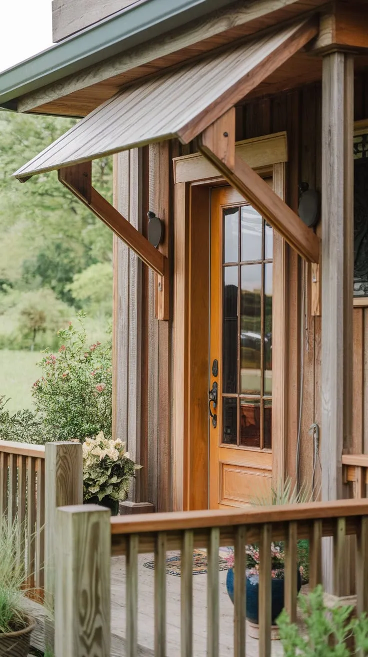 Charming Wood Porch with Awning and Lush Surroundings