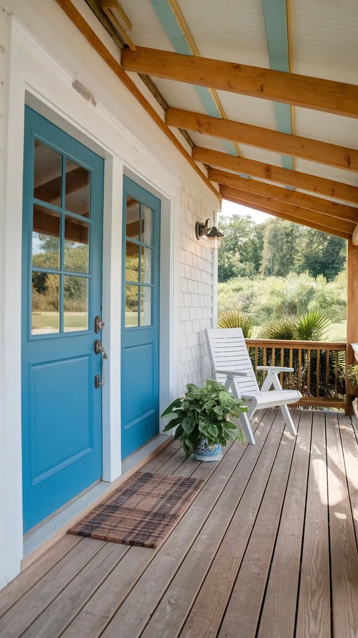 Inviting Wood Porch Oasis with Blue Accents and Nature's Touch