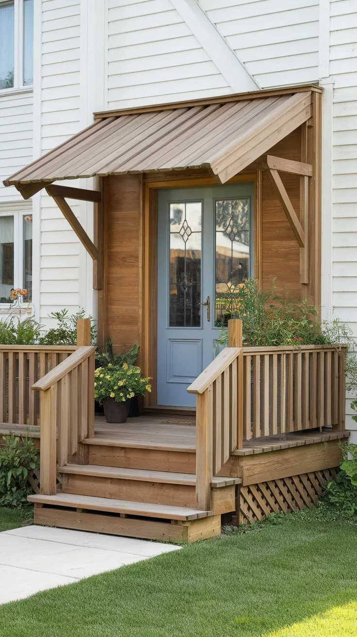 Inviting Wooden Porch Oasis with Potted Plants and Blue Door