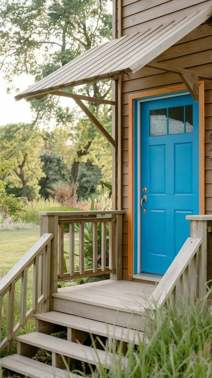 Charming Blue Door on a Wooden Porch