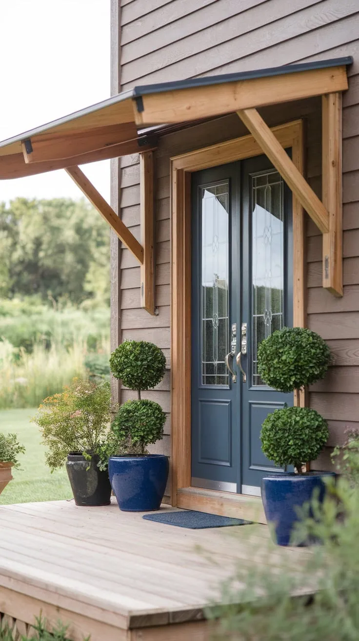 Charming Wood Porch with Blue Door and Lush Greenery