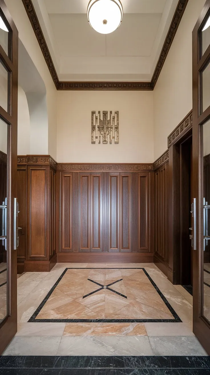 Step into timeless elegance. This grand entryway showcases the exquisite detail of art deco wood wainscoting, a stunning example of wainscoting ideas for foyers. The high ceiling wainscoting, complete with decorative wall trim, elevates the space, making it perfect wainscoting for hallways.  The half panel wainscoting design adds a touch of sophistication, while the marble flooring completes this luxurious entryway wainscoting masterpiece.