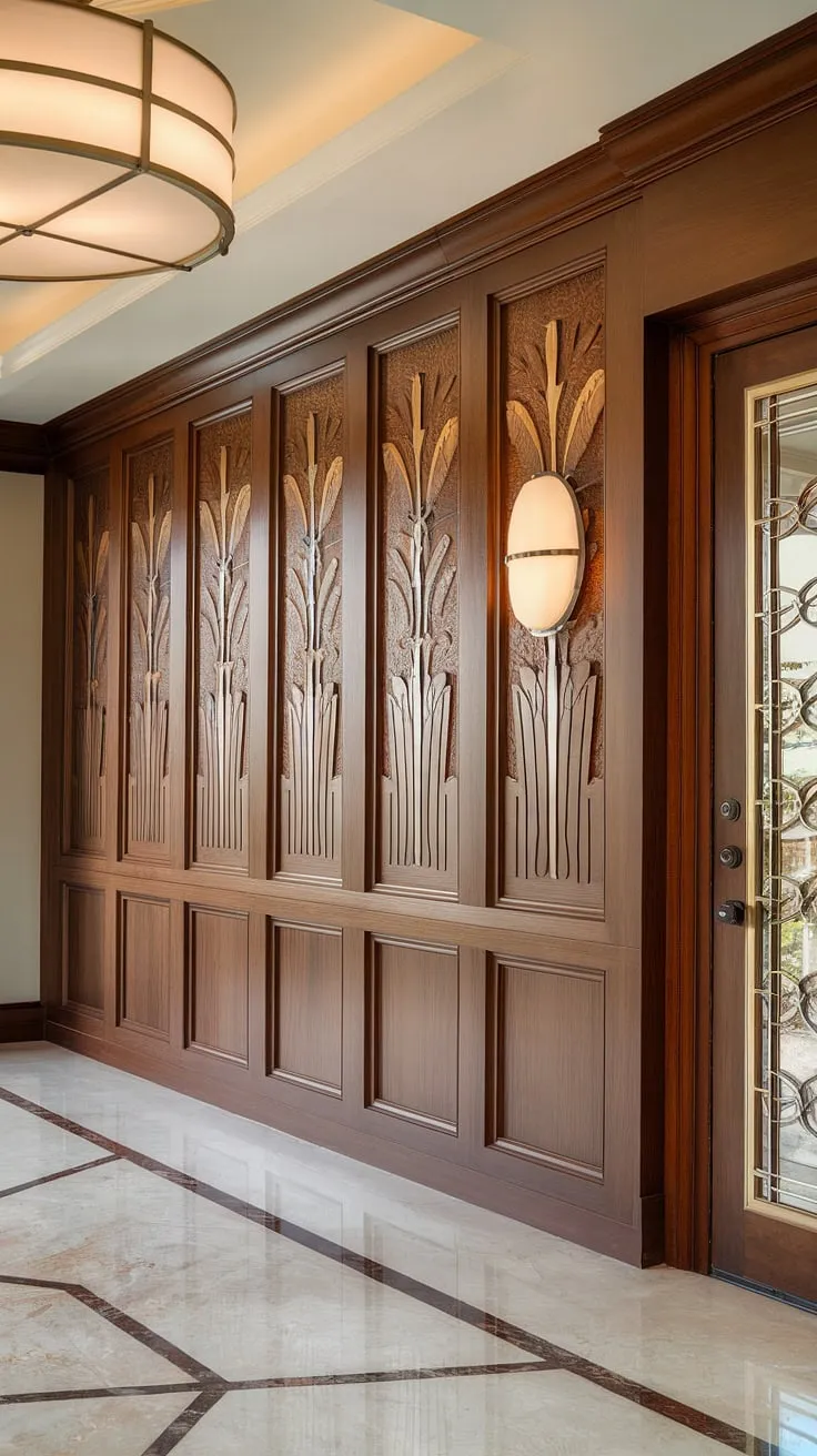 Step into elegance with this stunning entryway, showcasing exquisite art deco wood wainscoting that extends to the high ceiling.  The intricate floral pattern of the half panel wainscoting offers endless wainscoting ideas for hallways and foyers, transforming this space into a masterpiece of decorative wall trim.  Perfect wainscoting for hallways and a testament to the beauty of high ceiling wainscoting.