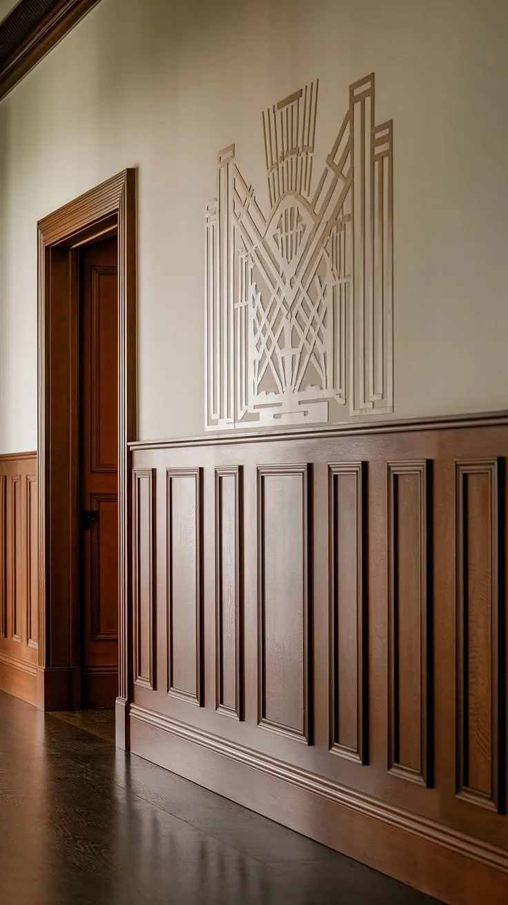 The grandeur of this entryway is undeniable.  From the dark wood floors to the high ceiling wainscoting, every detail is meticulously crafted.  The art deco wainscoting above the rich wood wainscoting creates a captivating focal point, offering inspiration for wainscoting for foyers and wainscoting for hallways.  This is half panel wainscoting at its finest, a testament to the impact of decorative wall trim.