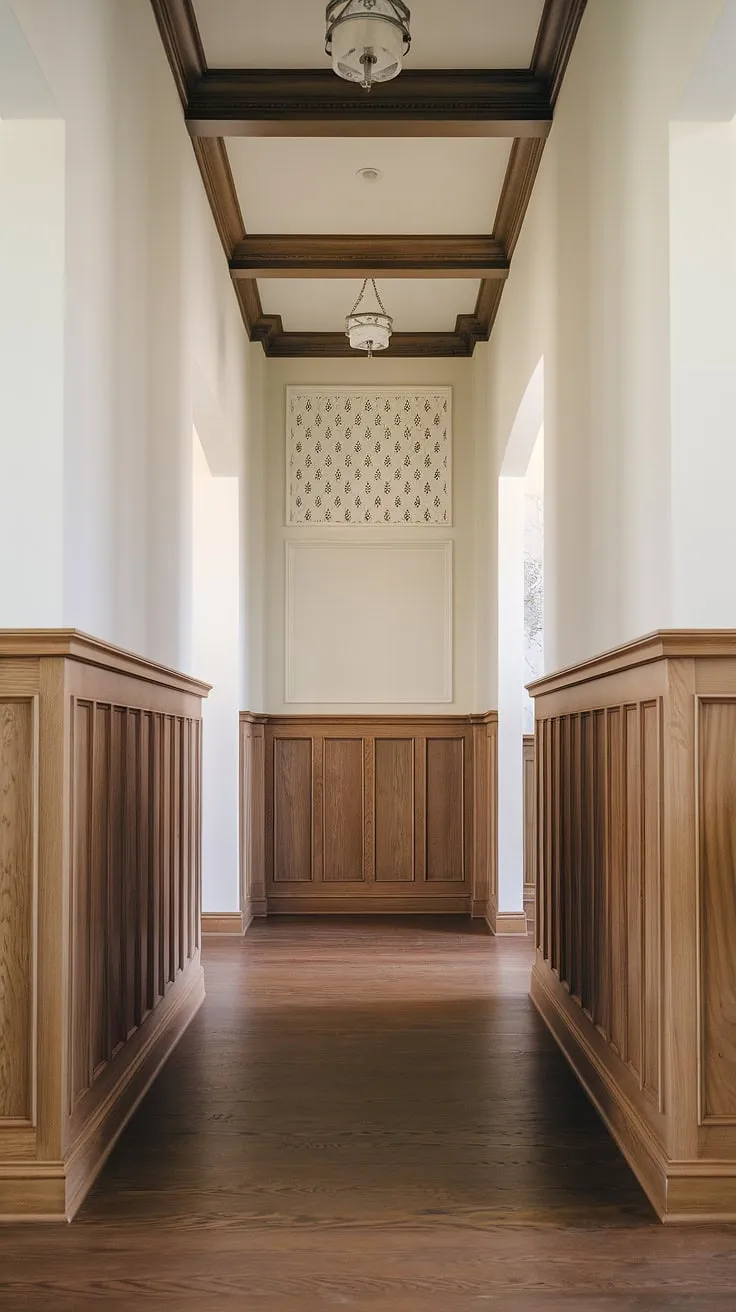 Sunlight streams through this elegant hallway, highlighting the rich wood wainscoting that extends halfway up the walls, a stunning example of half panel wainscoting.  The decorative wall trim above adds an Art Deco flair, making it perfect wainscoting for foyers and entryways.  This high ceiling wainscoting showcases how to maximize impact with wainscoting for hallways, offering endless wainscoting ideas for your own home.