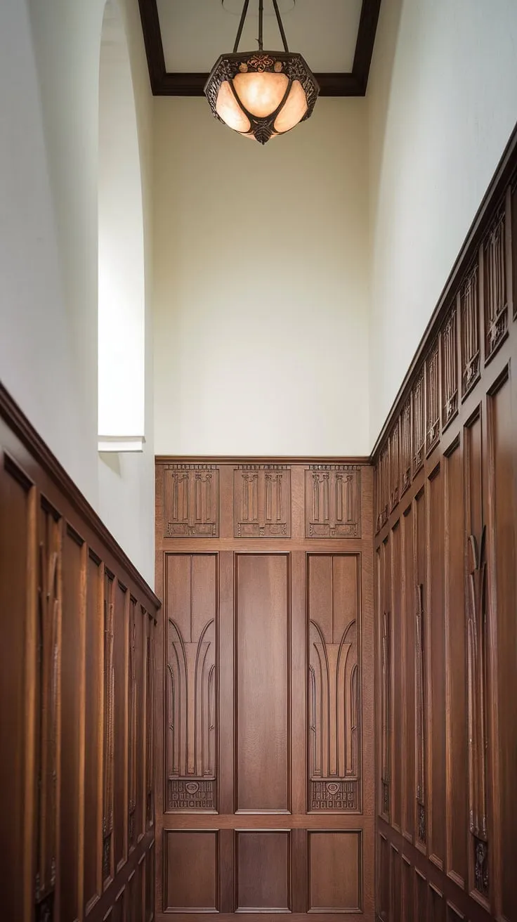 The grandeur of this entryway is undeniable.  High ceilings meet exquisite wood wainscoting, showcasing a sophisticated art deco pattern.  This wainscoting for hallways is a testament to the transformative power of decorative wall trim.  For wainscoting ideas that elevate any space, look no further than this stunning example of wainscoting for foyers.