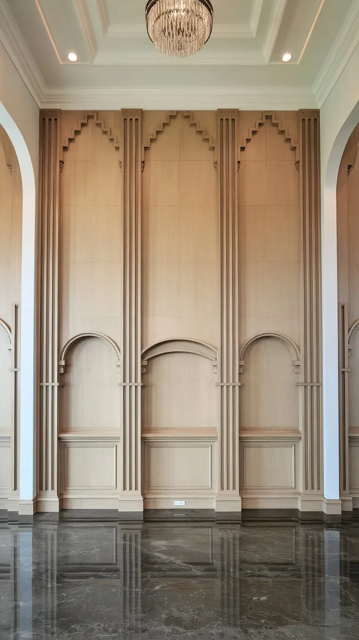 This high ceiling wainscoting design is pure architectural magic.  The art deco inspired wood wainscoting, executed as a sophisticated half panel wainscoting, transforms this entryway.  Consider this when searching for wainscoting for hallways or wainscoting for foyers – a beautiful example of how decorative wall trim can redefine a space.