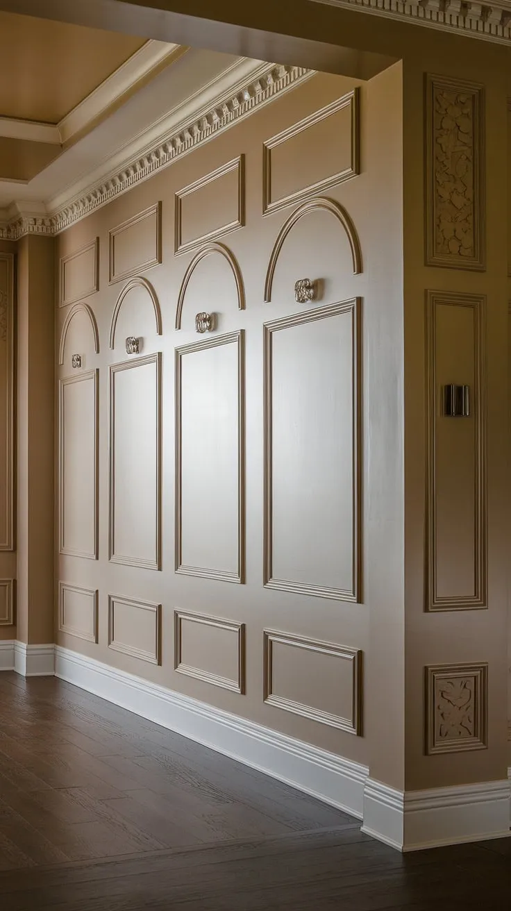 Step into timeless elegance. This art deco entryway, showcasing exquisite wood wainscoting, exemplifies the perfect blend of classic sophistication and modern design.  The high ceiling wainscoting, featuring half panel wainscoting, creates a dramatic focal point, offering endless wainscoting ideas for hallways, foyers, and beyond.  The decorative wall trim and rich dark wood flooring complete this stunning example of entryway wainscoting.