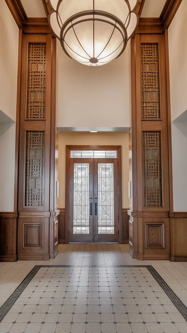 Step into elegance. This entryway's stunning art deco wainscoting, extending from floor to high ceiling, showcases the artistry of decorative wall trim.  Wainscoting ideas don't get more dramatic than this half panel wainscoting, a perfect example of wainscoting for hallways and foyers.  The wood wainscoting creates a luxurious feel, while the high ceiling wainscoting maximizes the space.
