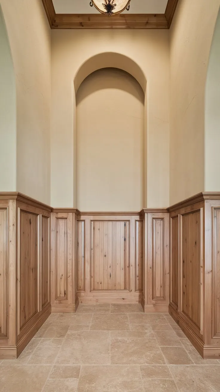 The elegant half panel wainscoting, reaching halfway up the high ceiling, transforms this entryway into a statement of refined style.  This wainscoting for foyers offers a perfect blend of warmth and sophistication, showcasing clever wainscoting ideas for hallways and providing inspiration for your own decorative wall trim.  Consider this art deco wainscoting a testament to the timeless beauty of wood wainscoting and high ceiling wainscoting.