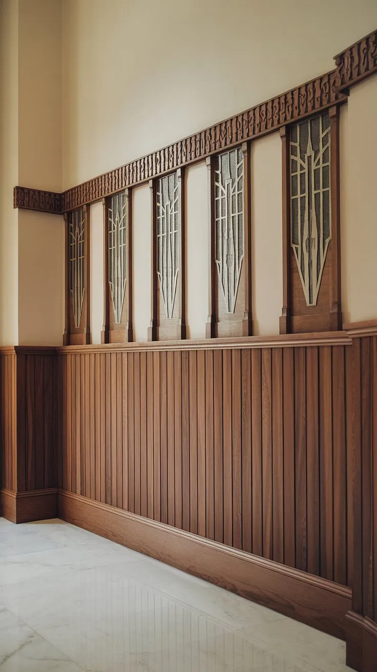 Step into elegance. This hallway's high ceiling wainscoting, featuring rich wood wainscoting and stunning art deco wainscoting, showcases the perfect blend of classic and modern design.  Consider this a masterclass in wainscoting ideas, ideal for entryway wainscoting or wainscoting for foyers, even wainscoting for hallways. The half panel wainscoting and decorative wall trim elevate the space to new heights.