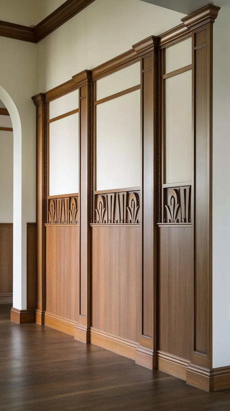Step into elegance with this stunning entryway, showcasing exquisite art deco wood wainscoting.  The high ceiling wainscoting, a masterpiece of half panel wainscoting and decorative wall trim, offers endless wainscoting ideas for hallways and foyers. This wainscoting for hallways perfectly demonstrates how to elevate a space with sophisticated entryway wainscoting.