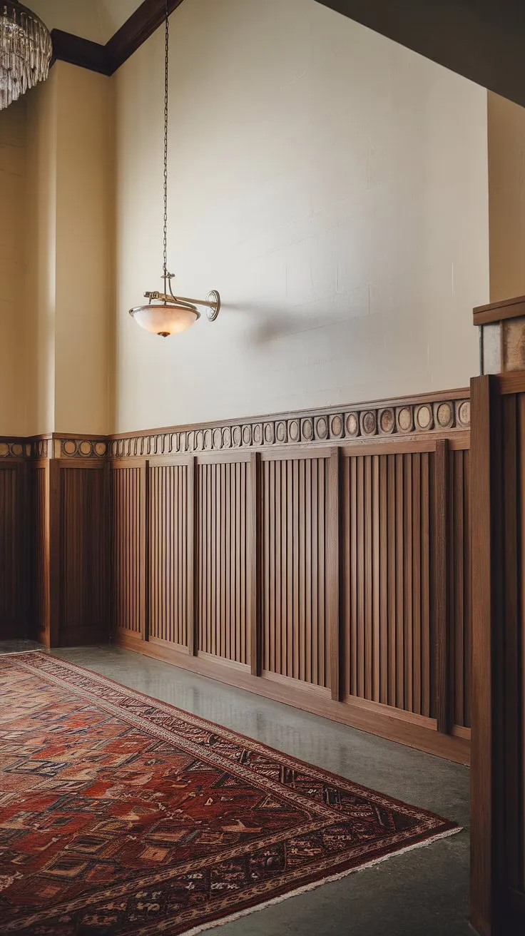 The grandeur of this hall is undeniable, a testament to the timeless elegance of art deco wainscoting.  The rich wood wainscoting, extending from floor to high ceiling, showcases stunning wainscoting ideas, transforming this space into a breathtaking entryway wainscoting masterpiece.  Note the decorative wall trim and half panel wainscoting detail—perfect wainscoting for hallways and foyers alike.