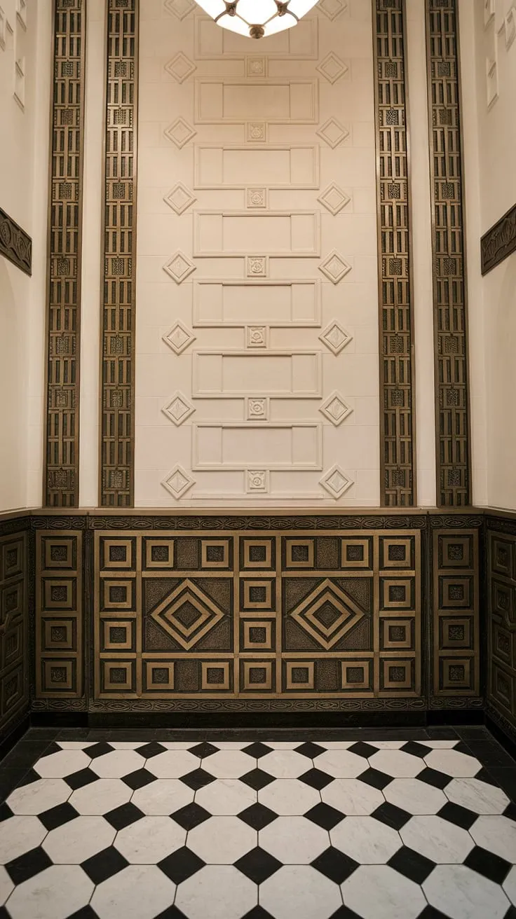 Step into elegance. This foyer's high ceiling wainscoting, a stunning example of art deco wainscoting, showcases the perfect blend of geometric precision and timeless sophistication.  The wood wainscoting, a half panel design, creates a dramatic focal point, offering endless wainscoting ideas for hallways and foyers alike.  The decorative wall trim complements the black and white checkered floor, a testament to the power of entryway wainscoting in transforming a space.