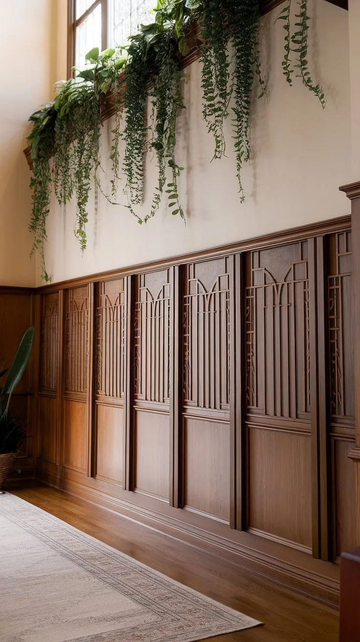 Grand entryway elegance defined by rich wood wainscoting, showcasing stunning art deco wainscoting ideas.  This half panel wainscoting, perfect for foyers and hallways with high ceilings, elevates the space with its decorative wall trim.  A testament to the transformative power of wainscoting for hallways and entryway wainscoting.