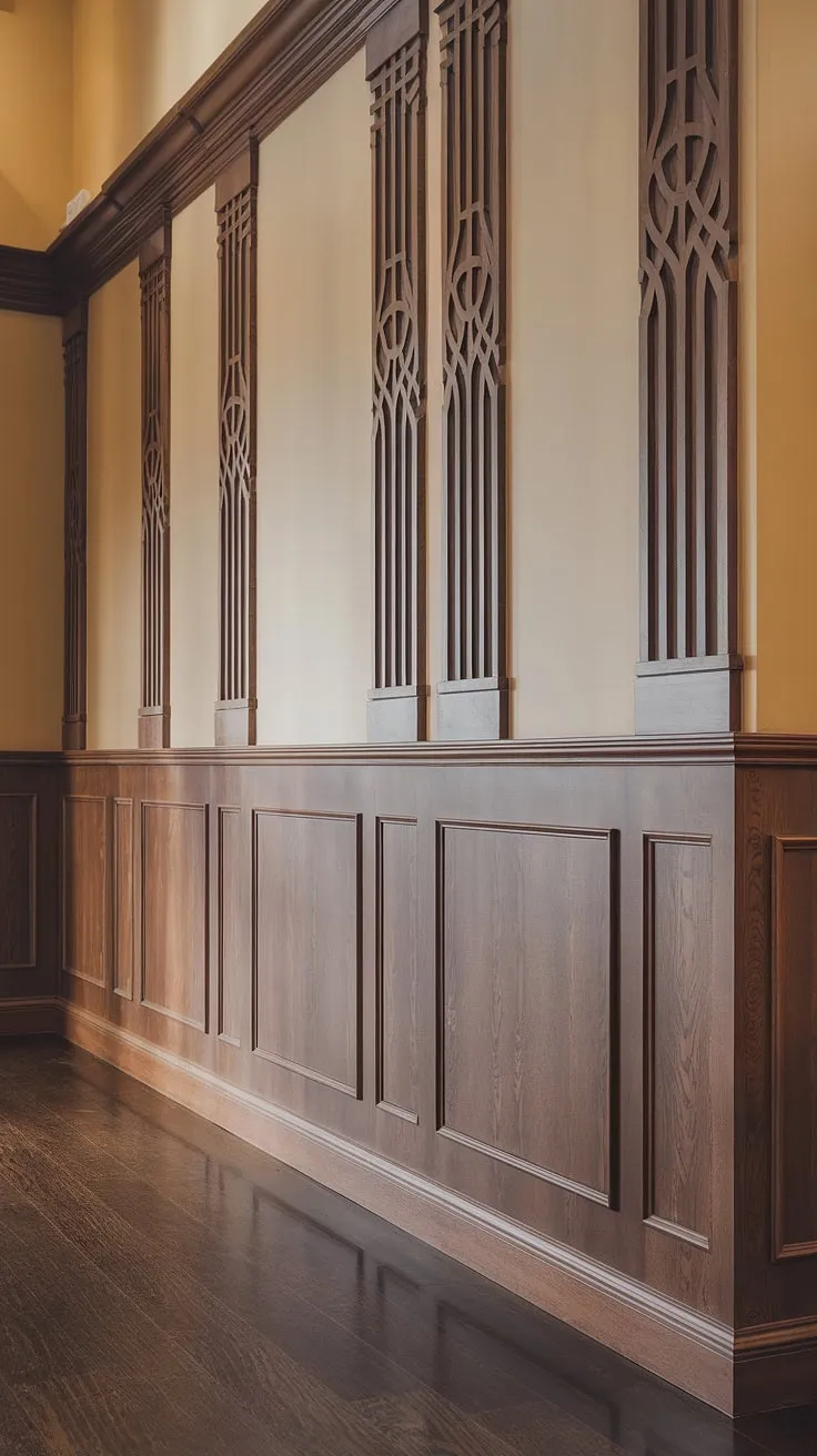 The warmth of the wood wainscoting, extending to the high ceilings, instantly elevates this foyer.  These wainscoting ideas, featuring a sophisticated mix of full and half panel wainscoting, demonstrate the versatility of wainscoting for hallways and its ability to create a truly grand entrance.  The art deco wainscoting and decorative wall trim add a touch of vintage glamour, making this the perfect example of wainscoting for foyers.