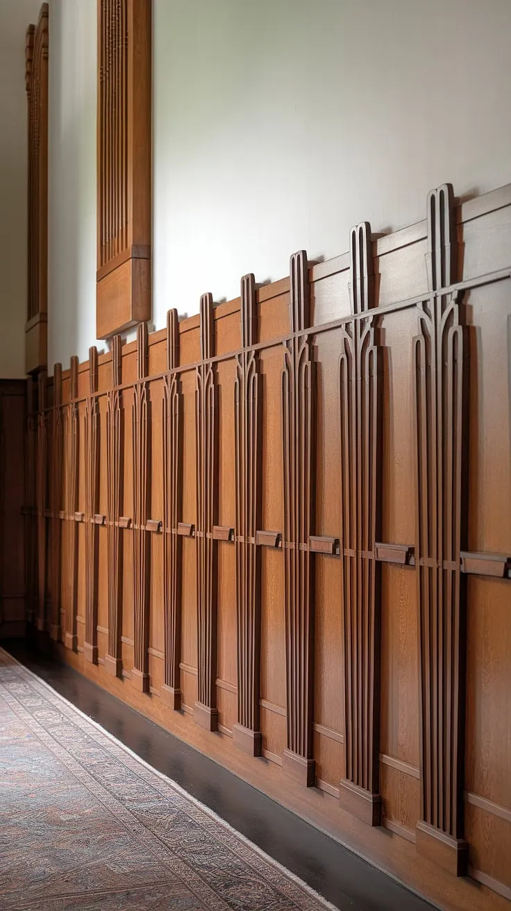 Step into elegance. This hallway's high ceilings and art deco wood wainscoting, a stunning example of wainscoting for hallways and foyers, create an unforgettable entryway.  The decorative wall trim and half panel wainscoting offer endless wainscoting ideas for your own home.  High ceiling wainscoting truly elevates the space.