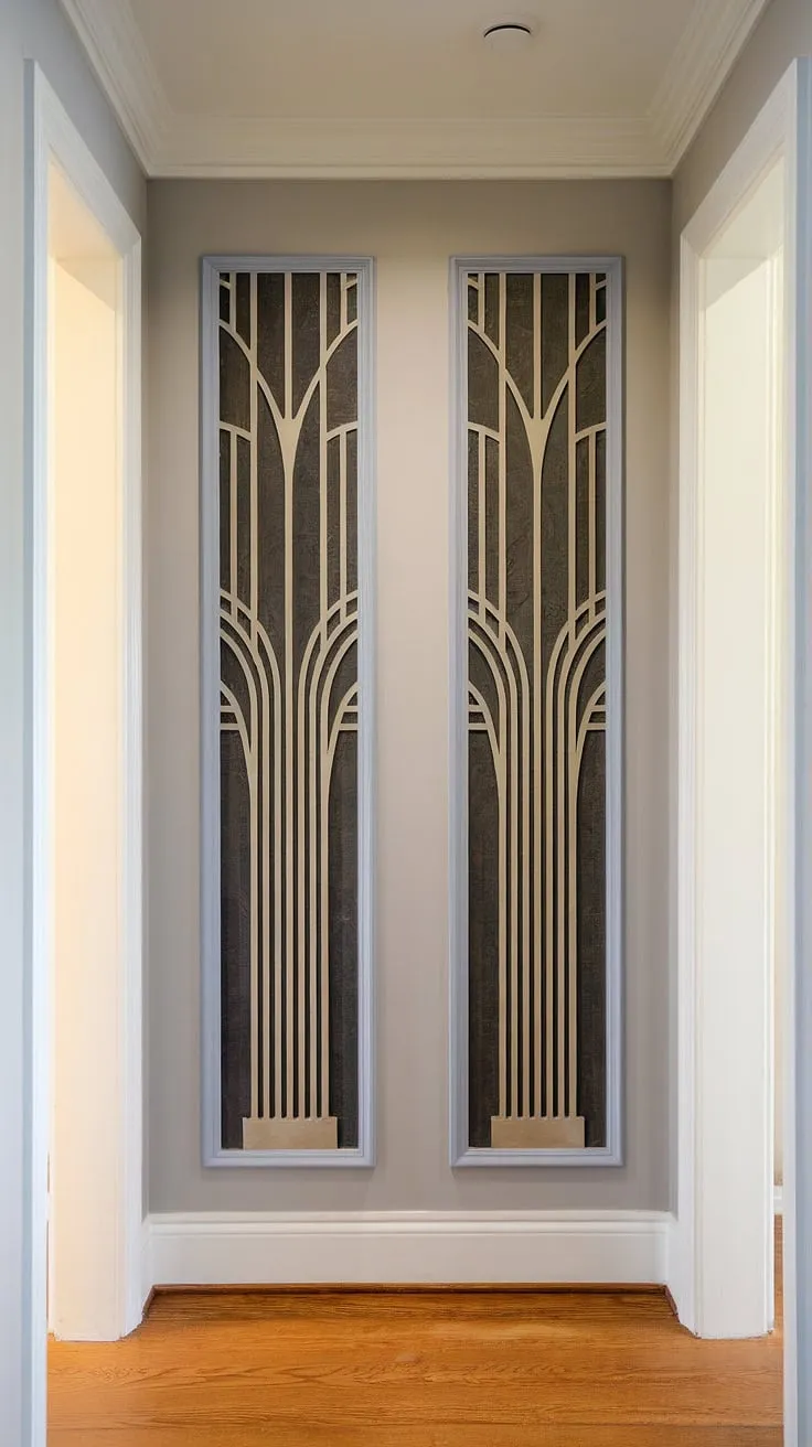 This breathtaking foyer boasts exquisite art deco wainscoting, a testament to the transformative power of decorative wall trim.  The wood wainscoting, reaching the high ceiling, creates a sense of grandeur and sophistication.  Consider this a masterclass in wainscoting ideas, particularly for those seeking entryway wainscoting or wainscoting for hallways.  The full-height, half panel wainscoting is a stunning example of high ceiling wainscoting.