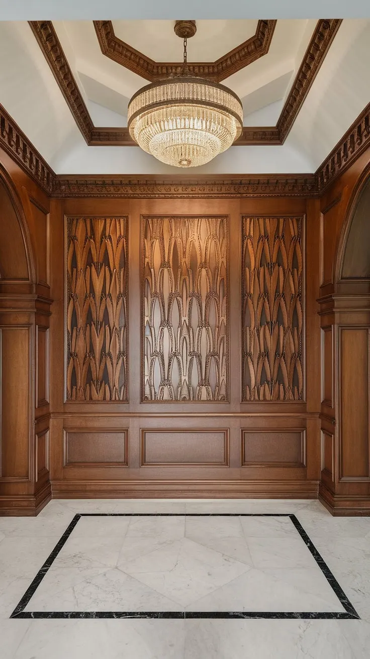 The artistry of this foyer is undeniable.  From the meticulously crafted wood wainscoting to the striking art deco wainscoting details, every element speaks to refined taste. This is wainscoting for hallways redefined—a testament to the transformative power of high ceiling wainscoting and decorative wall trim.  Find inspiration for your own space with these wainscoting ideas, perfect for entryway wainscoting and showcasing half panel wainscoting.