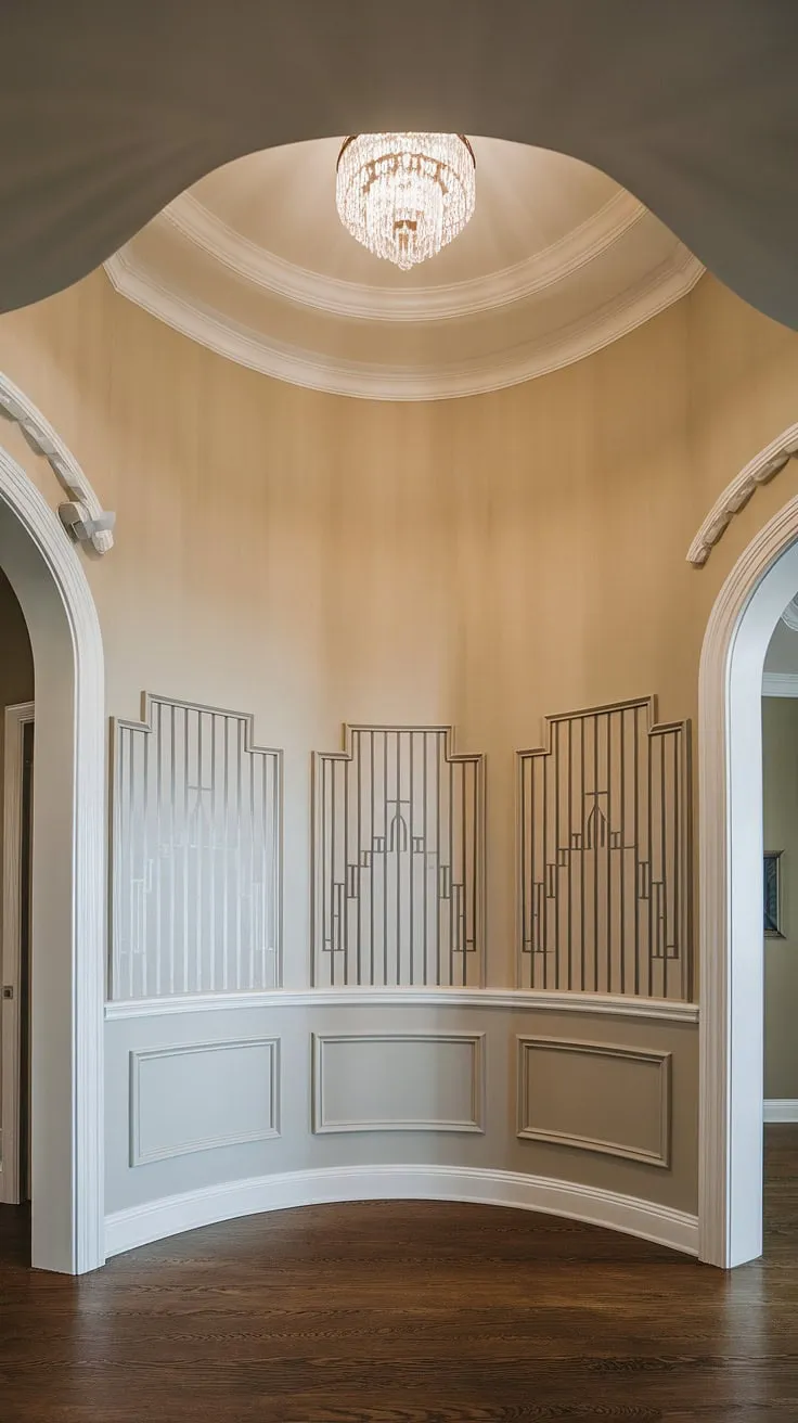 The grandeur of this foyer is undeniable.  High ceiling wainscoting, featuring intricate art deco wainscoting, immediately commands attention.  The rich wood wainscoting and decorative wall trim, showcasing half panel wainscoting, create a luxurious feel.  For those seeking entryway wainscoting or wainscoting for foyers, this serves as exceptional inspiration.  Explore these wainscoting ideas to add timeless charm to your own home.