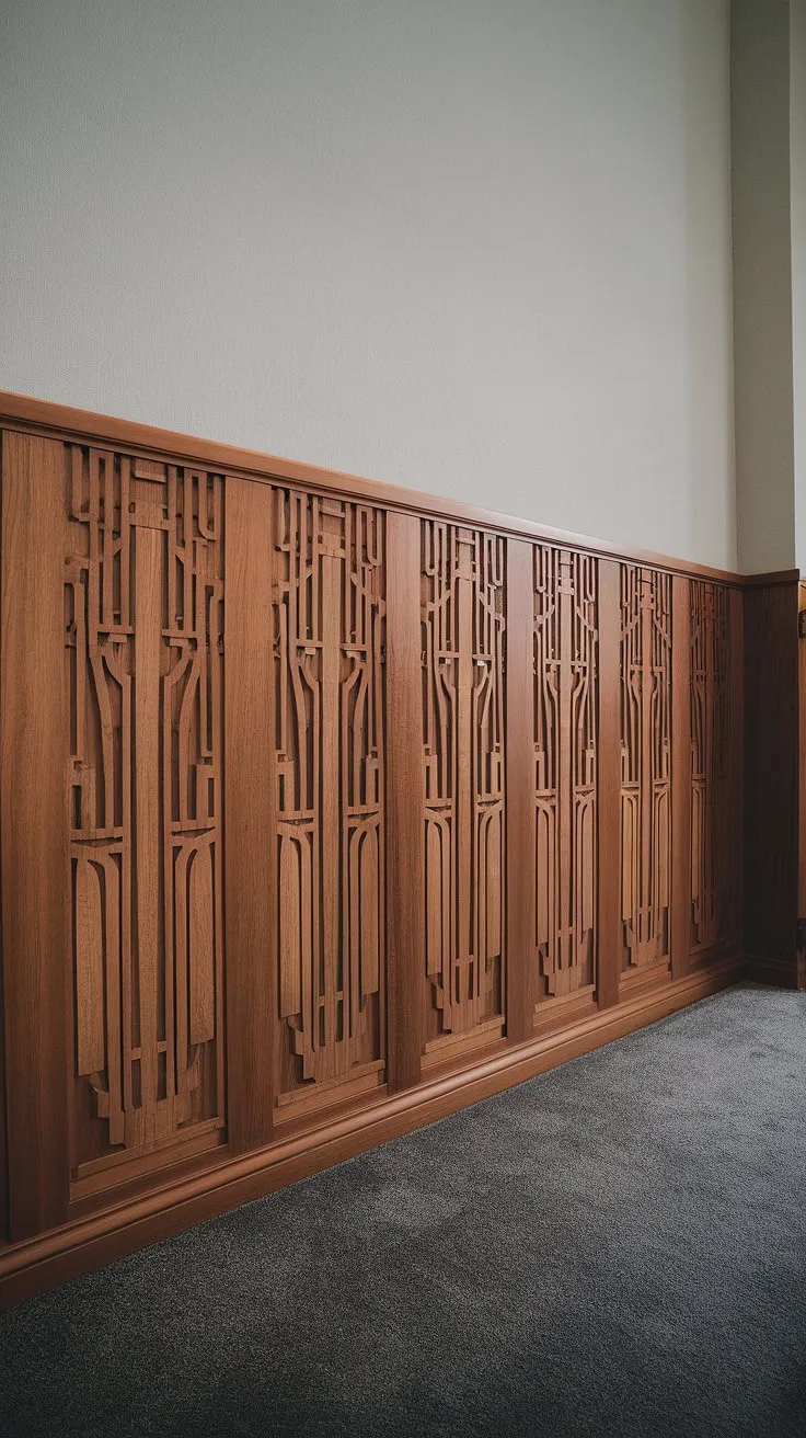 Geometric elegance meets modern sophistication in this stunning entryway.  The art deco wood wainscoting, extending halfway up the high ceiling, creates a dramatic focal point.  This half panel wainscoting is perfect for wainscoting for hallways and foyers, offering a wealth of wainscoting ideas for those seeking decorative wall trim with impact.  Consider this a masterclass in high ceiling wainscoting.