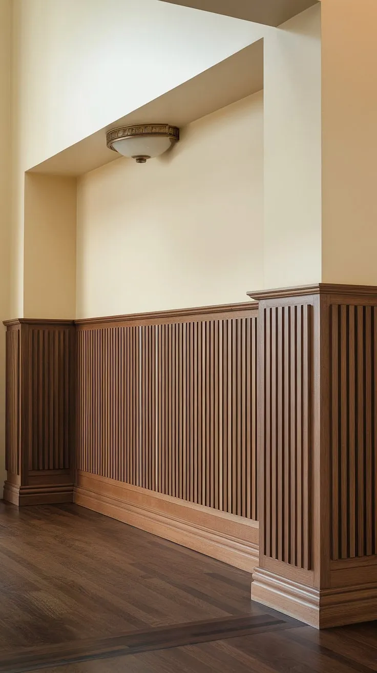 This entryway wainscoting is a showstopper.  The art deco design of the wood wainscoting, reaching the halfway point of the wall, adds sophistication and warmth.  Consider this among your wainscoting ideas for a dramatic yet refined look.  The perfect blend of decorative wall trim and architectural detail, ideal for wainscoting for foyers and hallways with high ceilings.